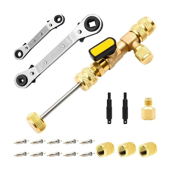 Valve Core Remover Tool with Dual Size SAE 1/4 & 5/16 Port, 10PCS Valve Cores with Seal and 3PCS Brass Nuts