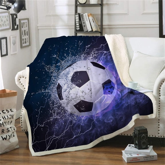 Socccer Throw Blanket Reversible Blue Flame Soccer Pattern Blanket for Soccer Fans Teens Boys Kids, Cozy Warm Soft Blanket for All Seasons, Plush Fleece Blanket Sofa Couch Bed 50" X 60"