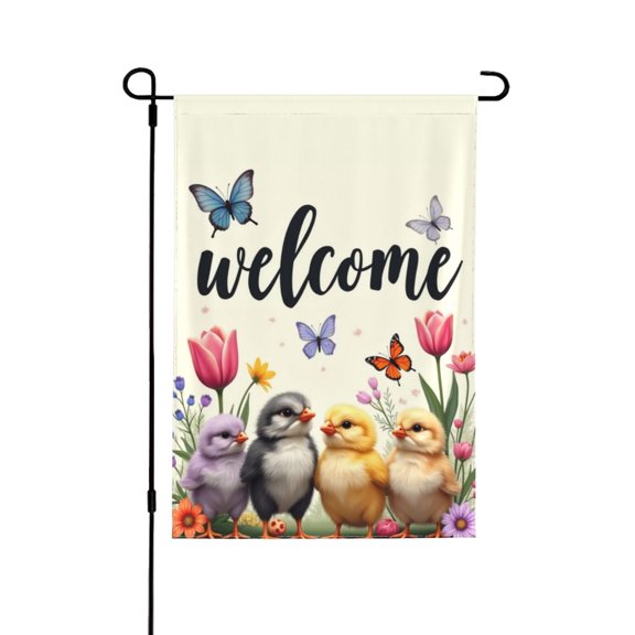 Welcome Spring Garden Flag 12x18 Inch， DoubleSided Cute Chicks & Flowers Spring Garden Decor， Butterfly Floral Yard Flag Outdoor House Decoration