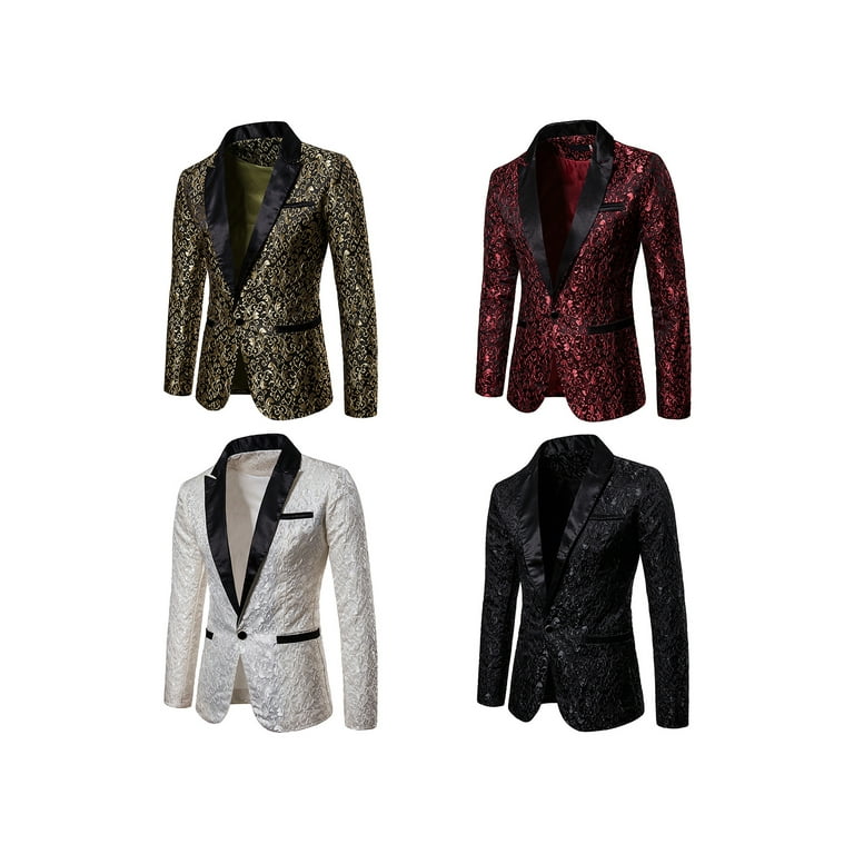 Mens One Button Floral Jacquard Weave Casual Blazers Short Jacket Coats  Slim Fit