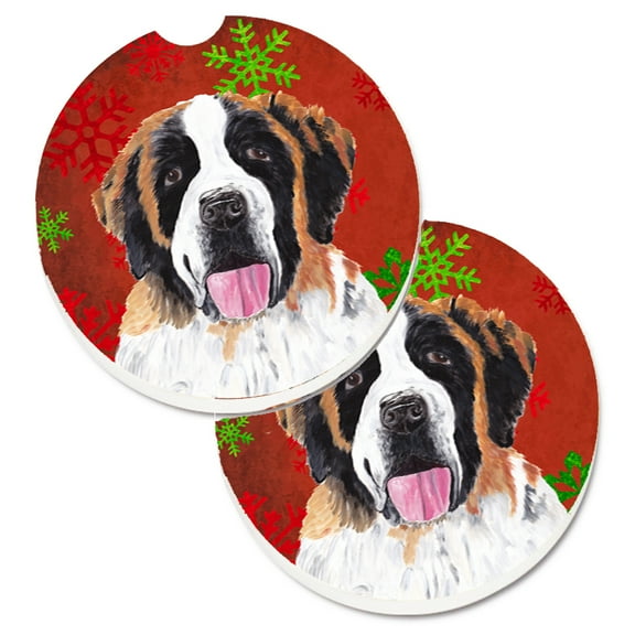 Saint Bernard Red Green Snowflake Christmas Set of 2 Cup Holder Car Coasters