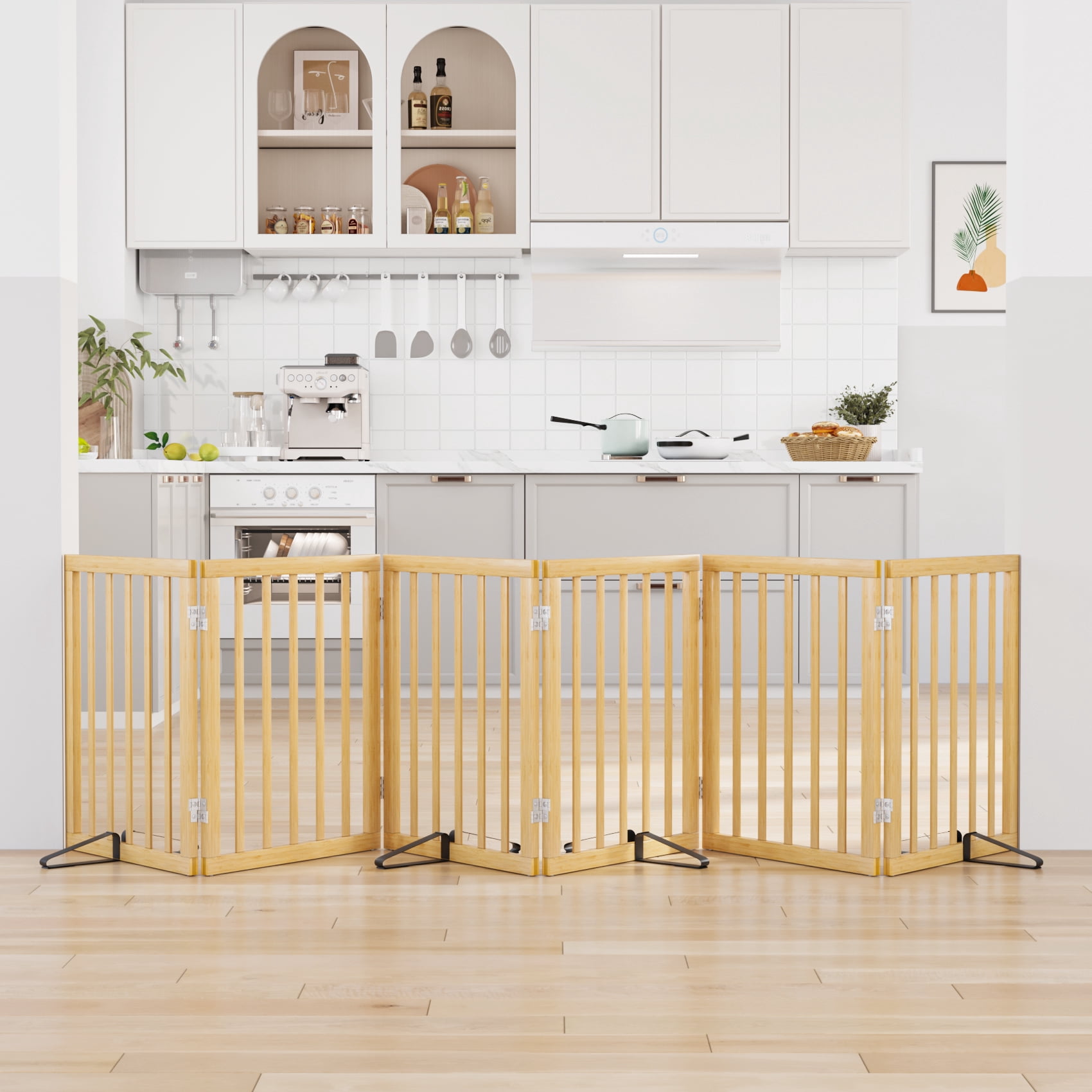 Smuxee Bamboo Freestanding Pet Gate Foldable Dog Gate with Support Feet, Natural, 6 Panel