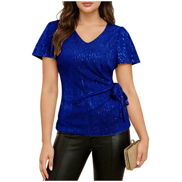 Blusas de Manga Corta para las Mujeres Vestido Casual Lentejuelas Envoltura Cuello en V Partido Sólido Top Camisas Brillantes con Revestimiento Interior Glamour