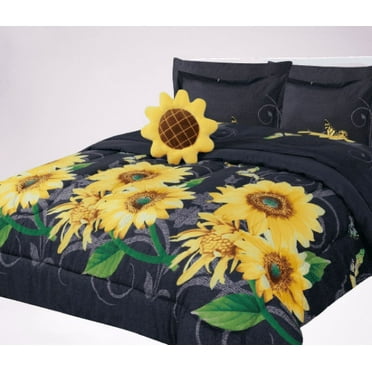 6-PC Twin Sunflower black complete bed in bag comforter bedding set with furry friend and matching sheet set for kids boys girls super soft easy wash kids bedding décor