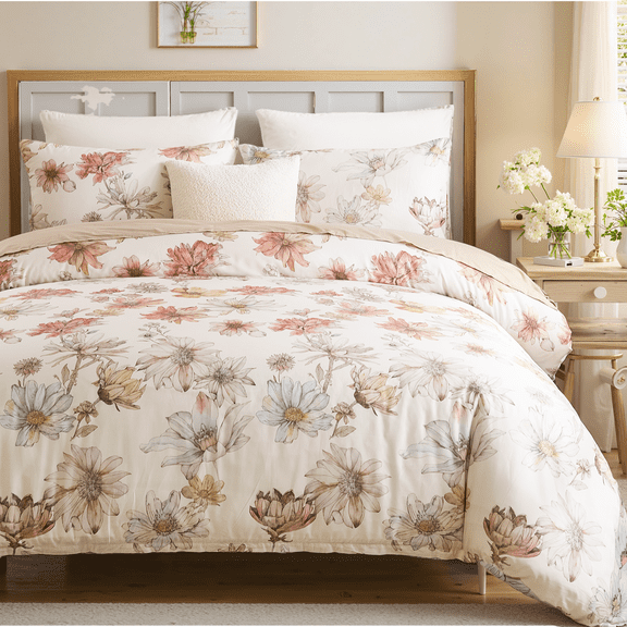100% Cotton Duvet Cover – Cream Hand-Drawn Watercolor Blooms Duvet Cover Set with Zipper Closure & Corner Ties, 3-Piece Luxury & Silky Soft Bedding Set for All Seasons