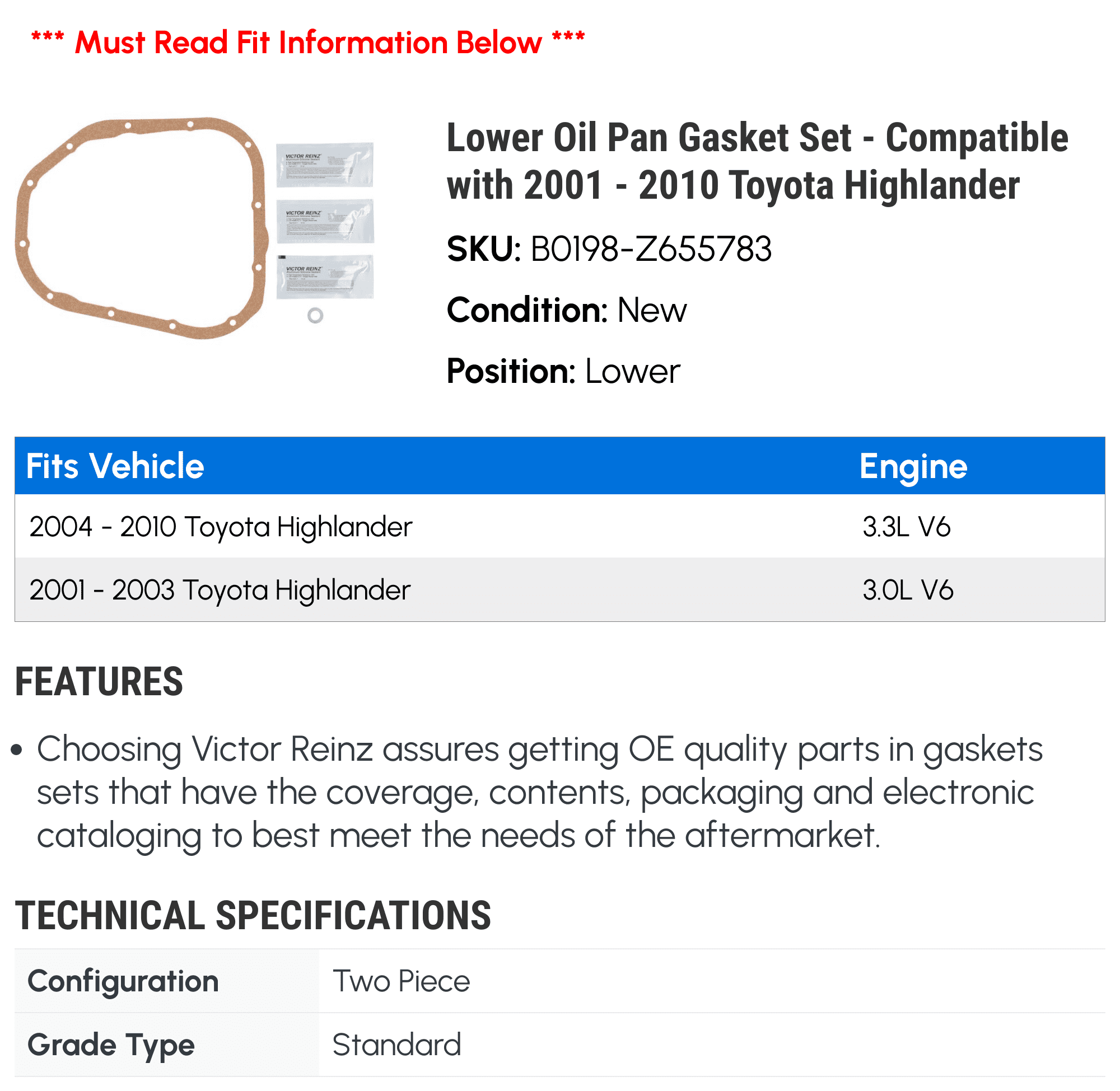 Lower Oil Pan Gasket Set - Compatible with 2001 - 2010 Toyota Highlander 2002 2003 2004 2005 2006 2007 2008 2009