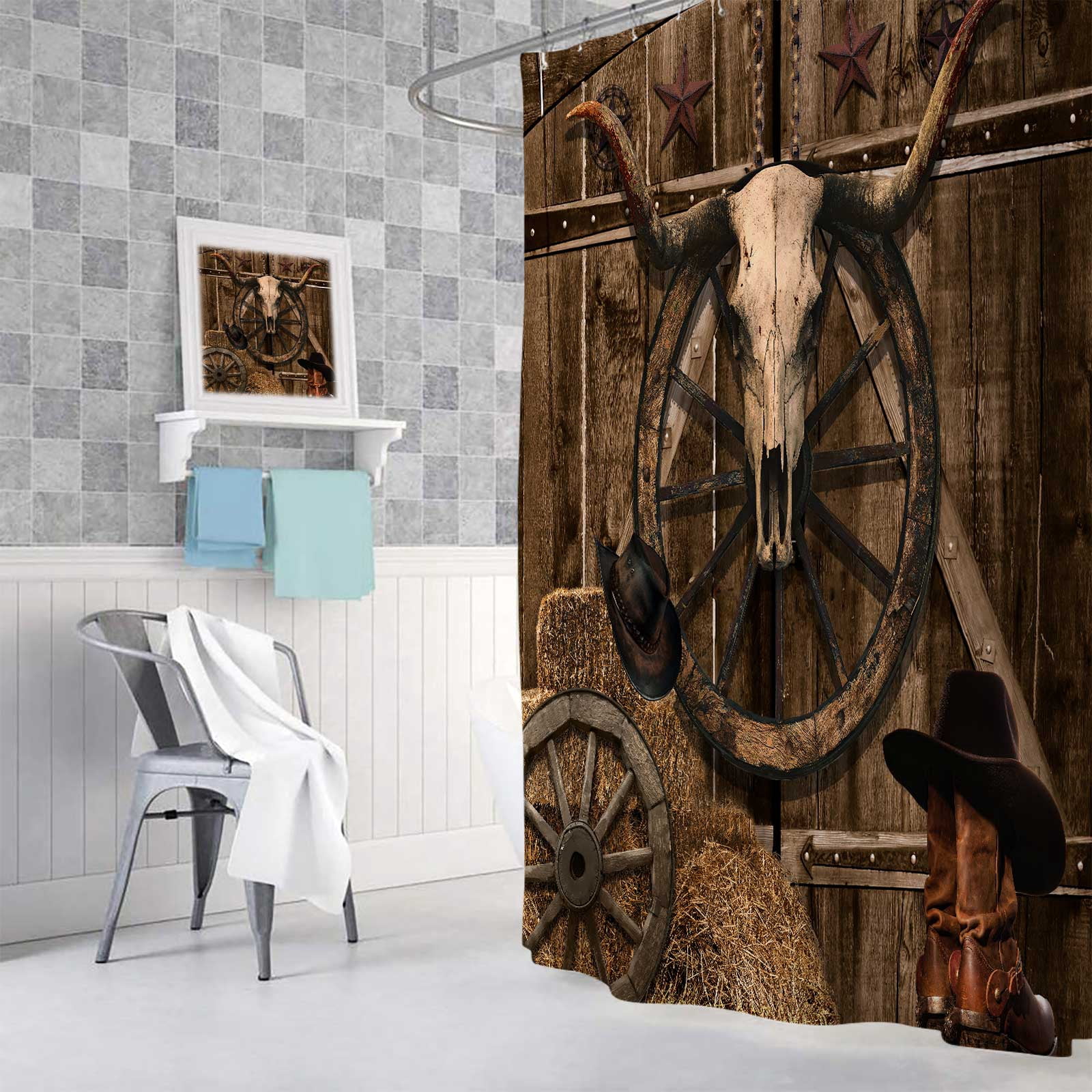 Western Cowboy Shower Curtain, Western Southwest Texas Rustic Farmhouse Barn Door Fabric Shower Curtains Set for Bathroom, Retro Country Restroom Decor Accessories with Hooks 72X 72 inch