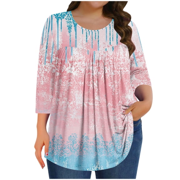 successthop Floral Blouses for Women Plus Size 3/4 Sleeve Tunic Top Crewneck Curved Hem Shirt Print Tops Loungewear