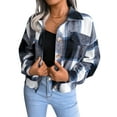 thumbnail image 3 of Musuos Women Plaid Shirt Jacket Crop Flannel Coat Long Sleeve Button Down Casual  Outwear Tops, 3 of 8