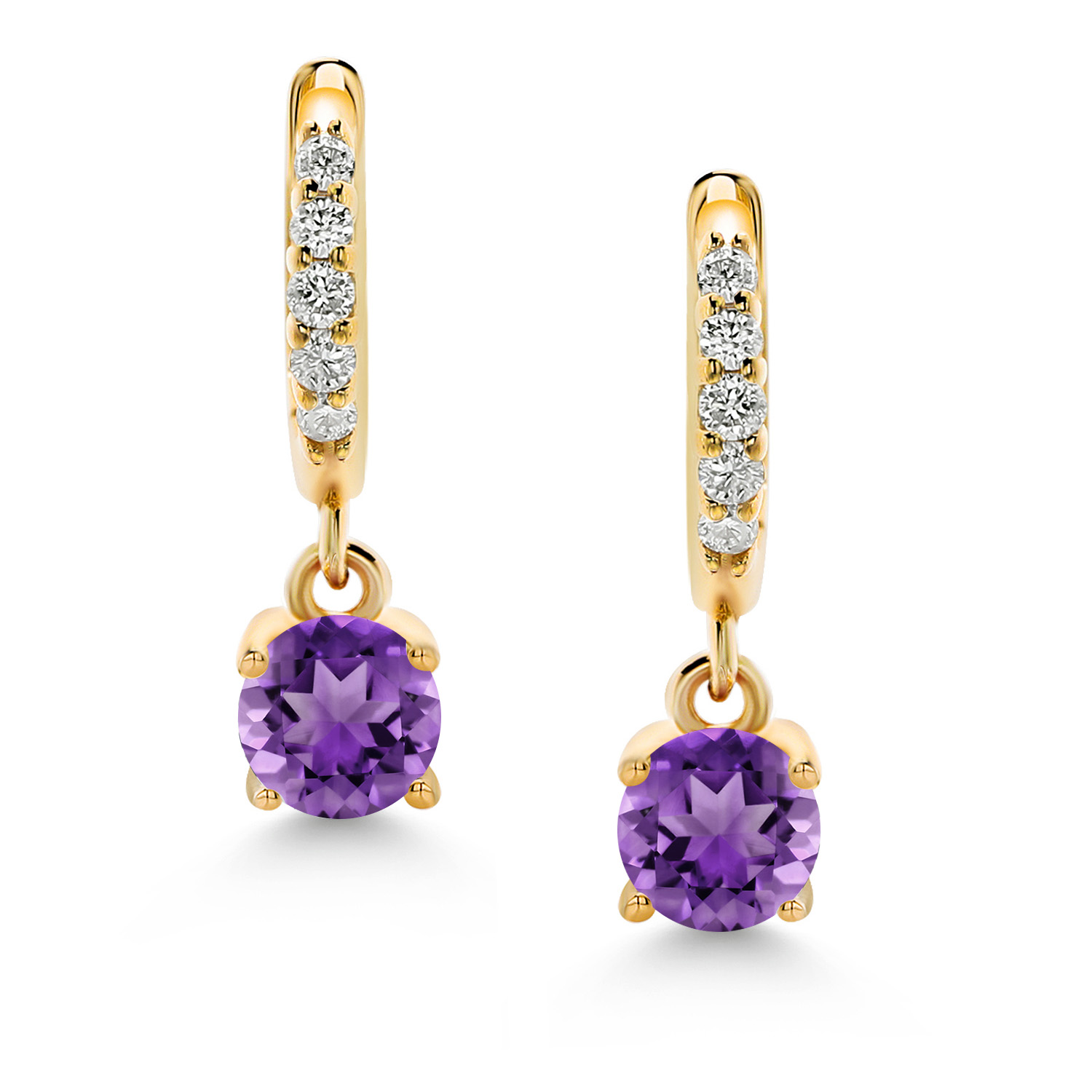 Gem Stone King 10K Yellow Gold Purple Amethyst and White Lab Grown Diamond Dangle Drop Huggie Hoop Earrings for Women (0.60 Cttw, Gemstone February Birthstone, Round 4MM)