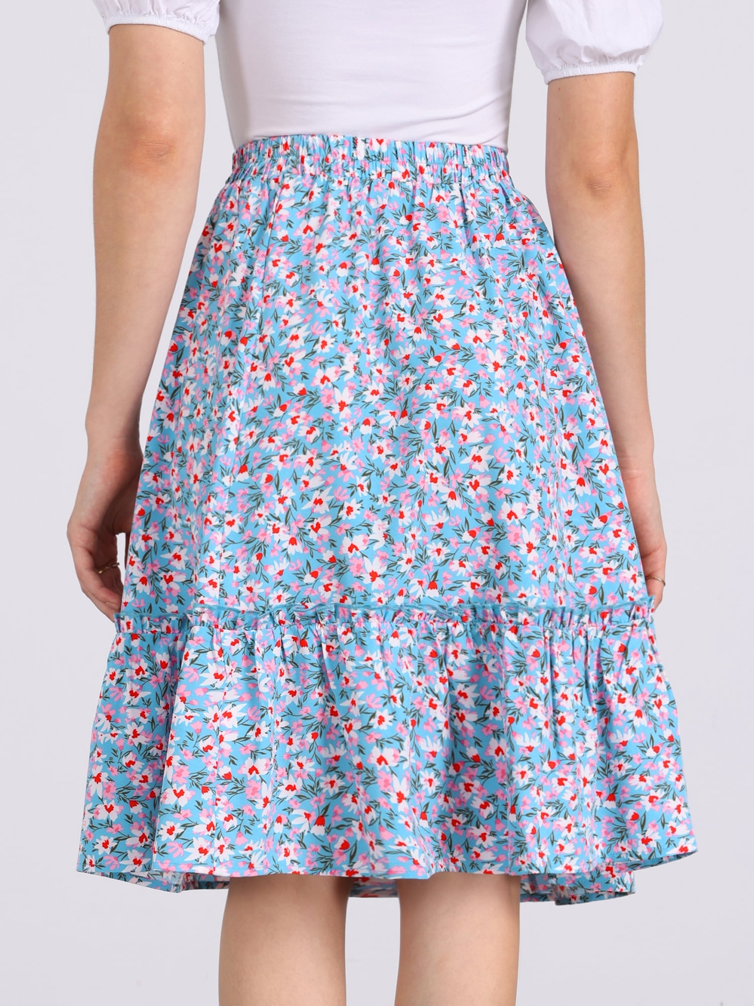 DARING DIVA Women's Knee Length Floral Elastic Waist Tiered Ruffle Skirt S Sky Blue
