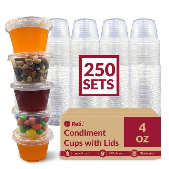Reli. 4 oz Small Containers with Lids (250 Sets) | Jello Shot Cups with Lids | Clear Plastic Condiment Containers | Portion Cups, Sauce, Souffle | St