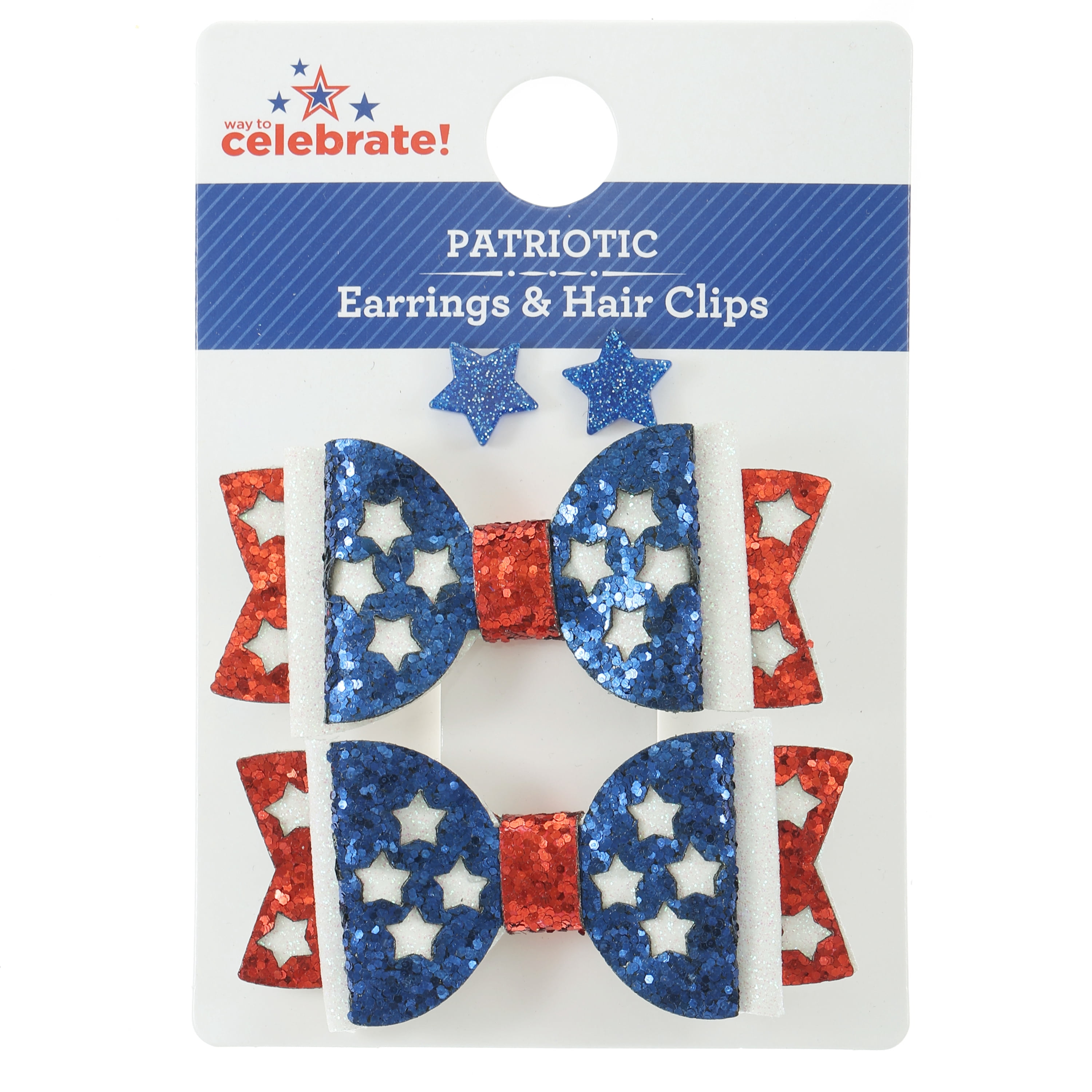 Way to Celebrate Americana Hair Bows With Star Stud Earrings, 2 Piece Set