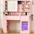 thumbnail image 2 of Ktaxon Makeup Vanity with Lighted Mirror,  Vanity Table Set w/ Charging Station, Side Rack, Macron Pink, 2 of 10