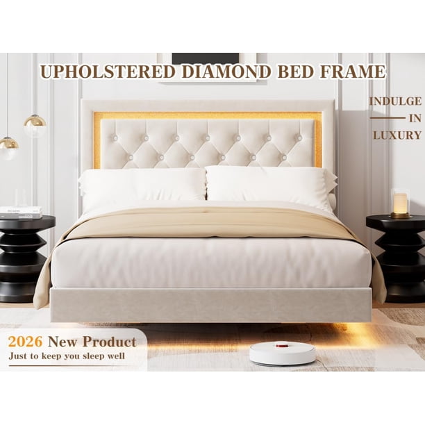 Cama Flotante Full con Luces LED Inteligentes: Cabecero de Diamante Tapizado, Plataforma Sólida Silenciosa (Sin Somier) - Marco Moderno con Listones de Madera Maciza, blanco