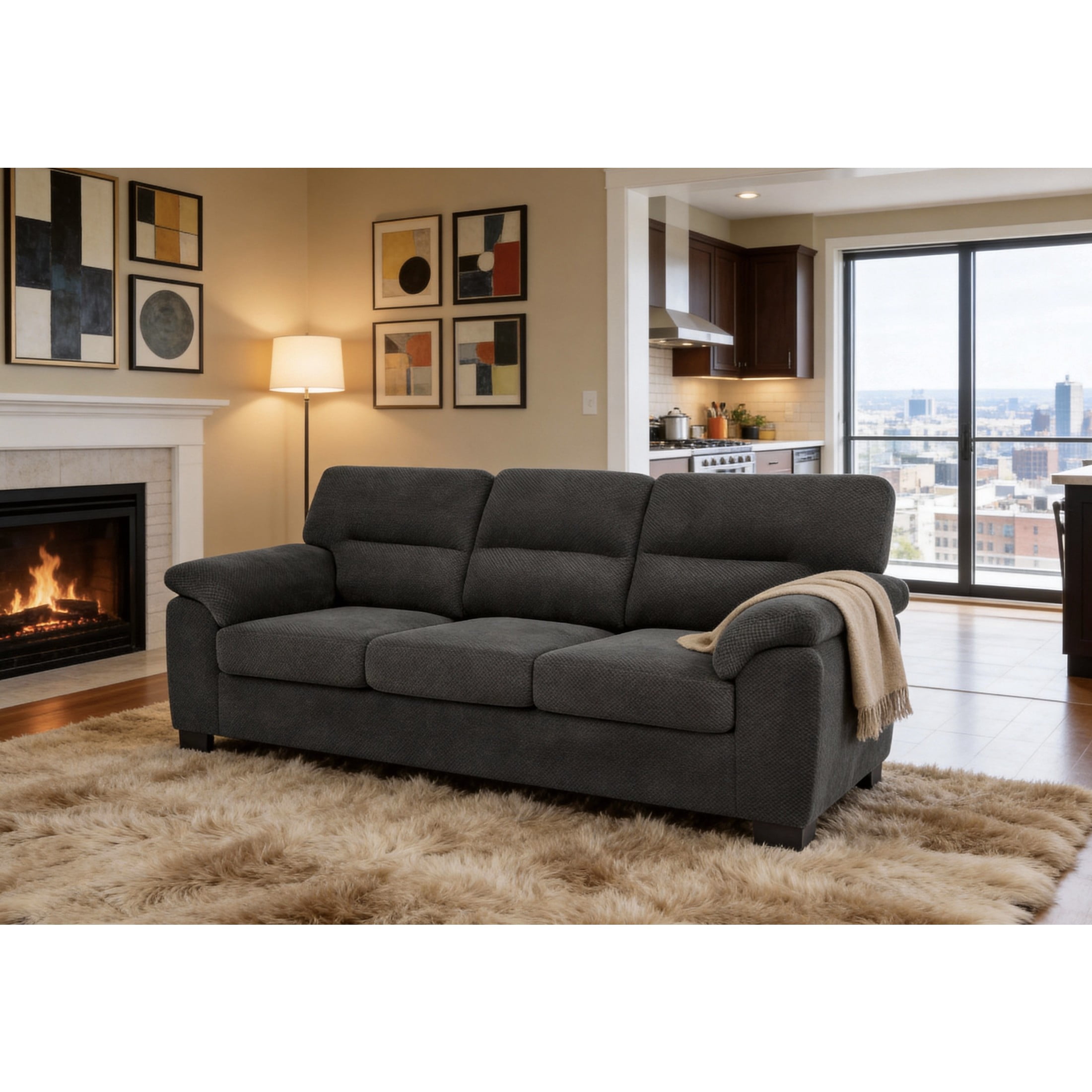 Noble House 81" Modern 3-Seater Sofa, Textured Polyester Upholstery, Pillow Top Arms, Dark Gray