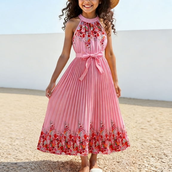 Amidoa Sleeveless Dress for Girl Summer Dresses A Line Midi Casual Little Girls Sundress