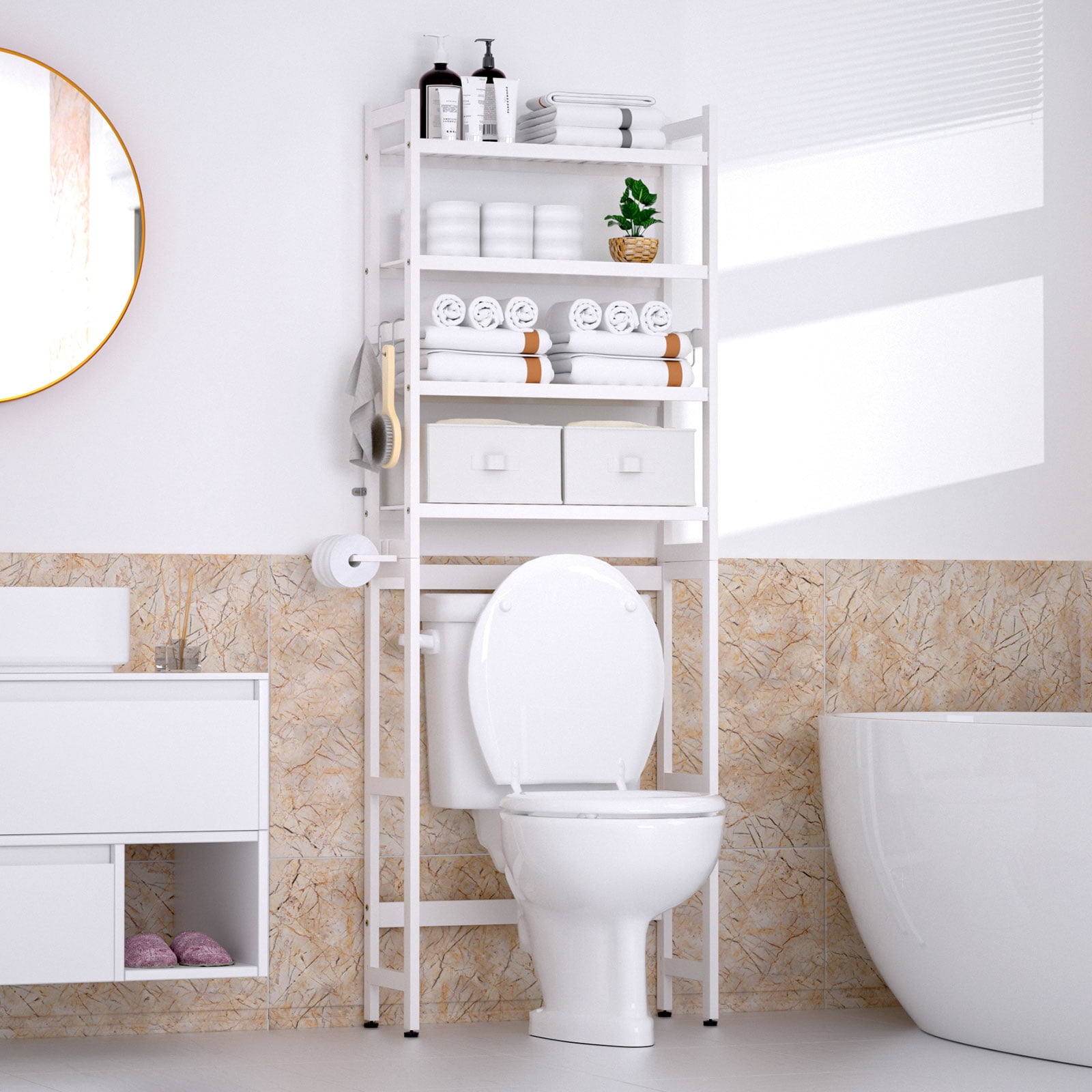 Enogets Over the Toilet Storage, Bamboo Bathroom Shelf Organizer with 2 Baskets & 4 Hooks, 4-Tier Space Saver