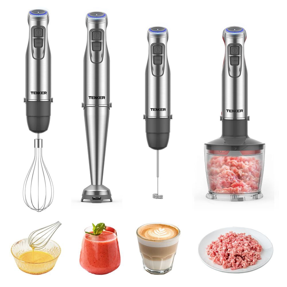 5-in-1 Immersion Hand Blender 1100W - 12 Speed + Turbo Stainless Steel Stick Blender with 600ml Beaker 500ml Chopper Whisk Milk Frother BPA-Free for Kitchen