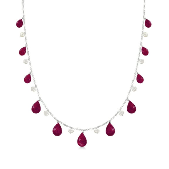 Ross-Simons 45.00 ct. t.w. Ruby and Cultured Pearl Drop Necklace in Sterling Silver, Women's, Adult