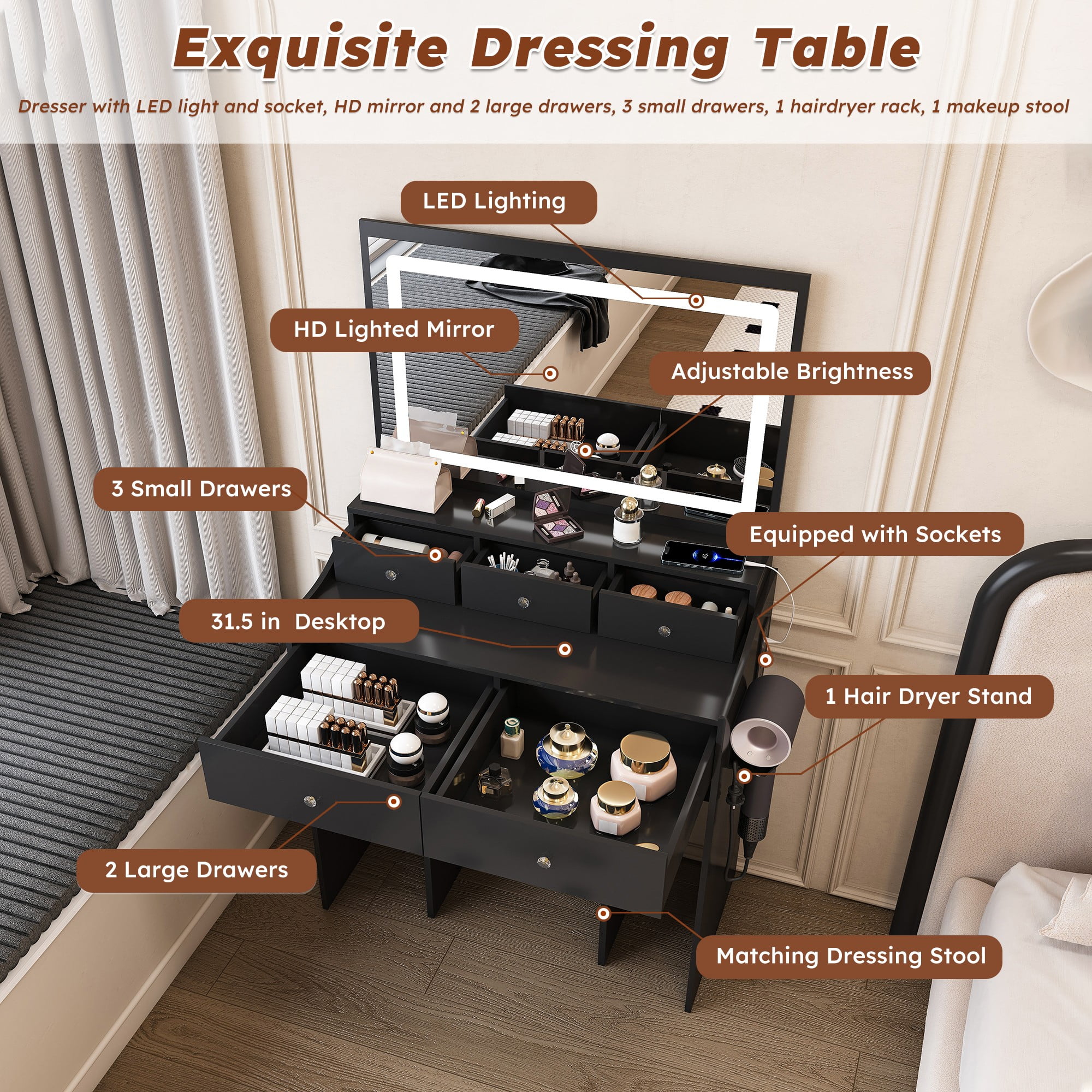 Jopath Large Makeup Vanity Set,Modern Mirror Vanity Desk with 5 Drawers,3 Lighting Color Adjustable Dressing Table for Bedroom,Black