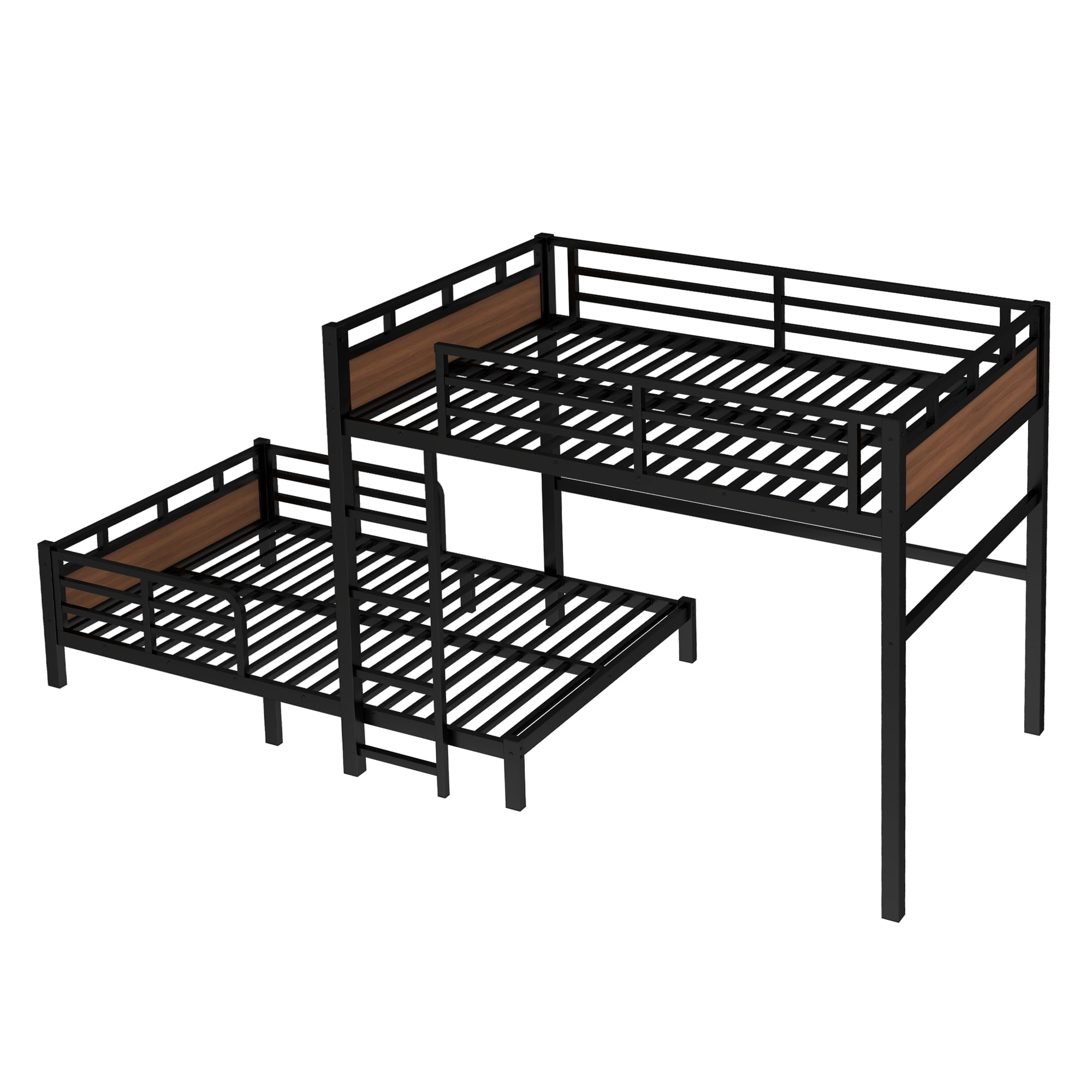 Leumius Full XL over Full XL Metal Bunk Bed,Metal Loft Bed,Separable Bunk Beds with Ladder & Safety Guardrail,Walnut