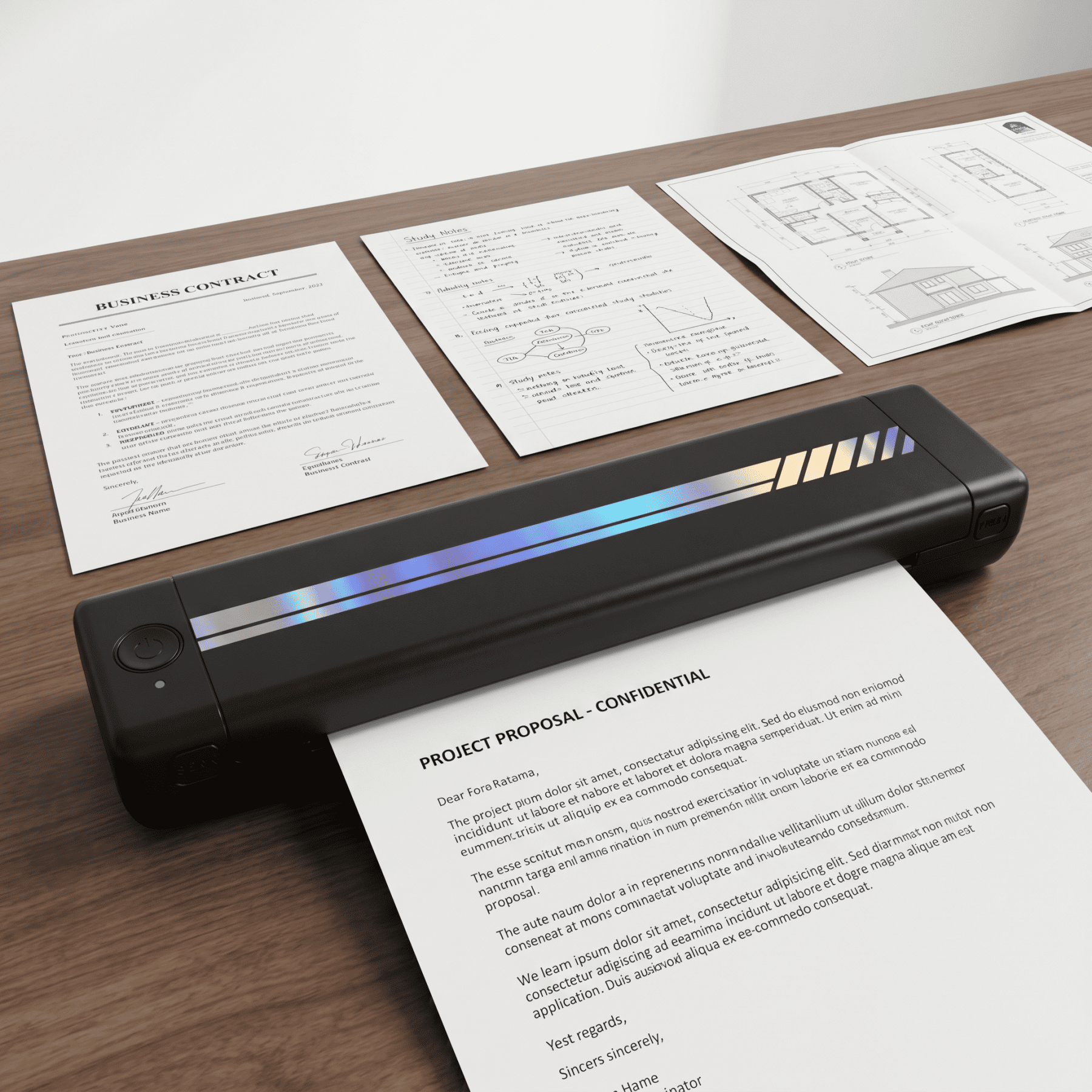 Portable Printer, A281 Inkless Printer, Bluetooth Wireless Printer, travel-friendly design. Compatible with 8.5 x 11 inches US letter and A4 thermal paper. Works with mobile phones and laptops.