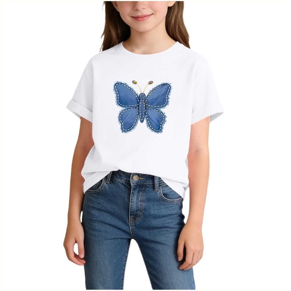 Girls Kids White Soft Cotton Butterfly Graphic Tee Short Sleeve Crew Neck T-Shirt 2T,Size 4 T
