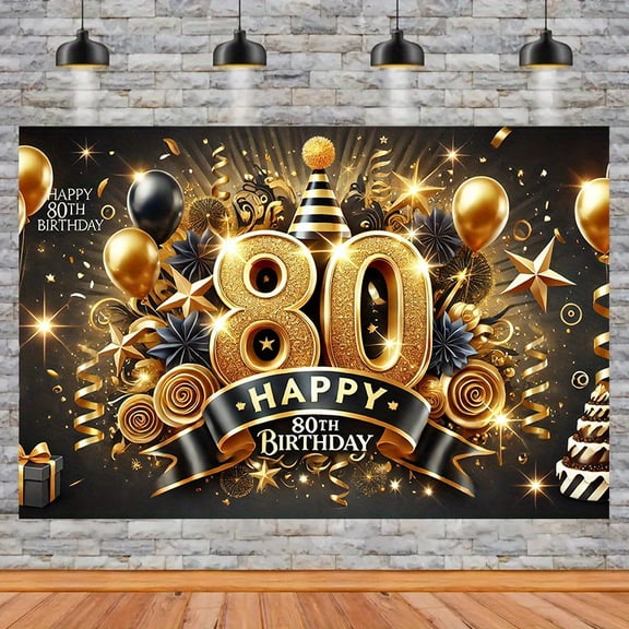 Elegant 80th Birthday Backdrop Balck Gold Balloons Happy Birthday Photography Background Golden Glitter Stars 80th Birthday Party Decorations Banner Supplies Photo Booth Props