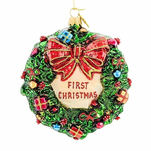 Huras Family 4.50In Wreath With Presents, Glass, Ornament First Christmas Hf694firstchristmas
