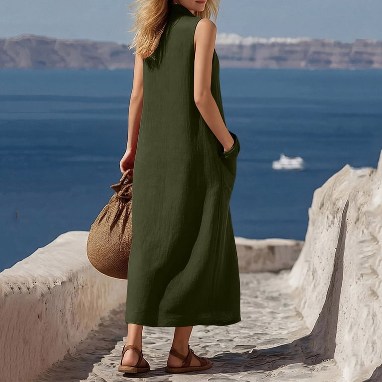 button down maxi sleeveless tank dress zbxnLI Women's Button down Tank Dress Cotton Linen Sleeveless Maxi Dresses  with Pockets Loose Casual Sundress