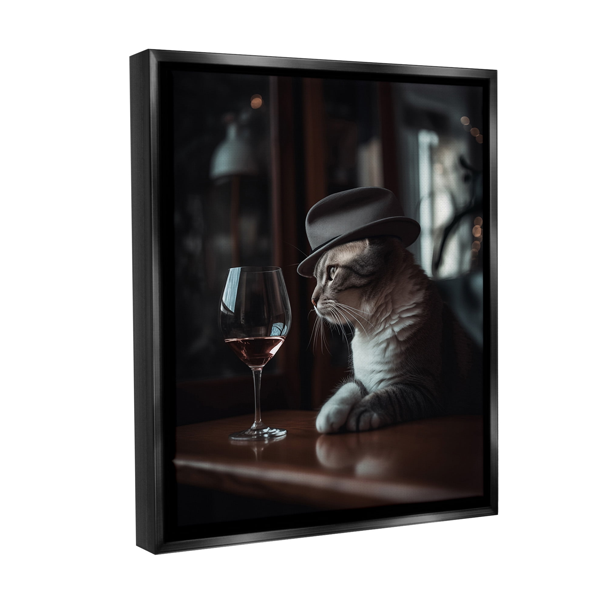 Stupell Industries Classy Cat at Bar Animals & Insects Painting Black Floater Framed Canvas Art Print Wall Art, 25 x 31