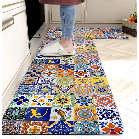 Boho Kitchen Rugs Set 2 Pieces Memory Foam Colorful Ceramic Comfort Tile Floor Mat Anti Fatigue Non-Skid PVC Runner Rug Water & Oil Proof Carpet for Kitchen Laundry Sink,17.3x28 17.3x47 Inch