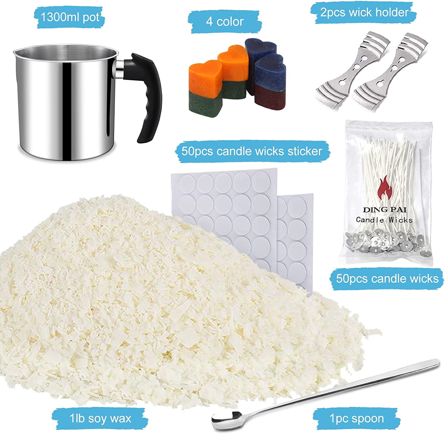 Candle Making Supplies Complete Soy Candle Making Set Including Candle Make Pouring Pot Candle Wicks Wicks Sticker 3-Hole Candle Wicks Holder Natural Soy Wax and Spoon