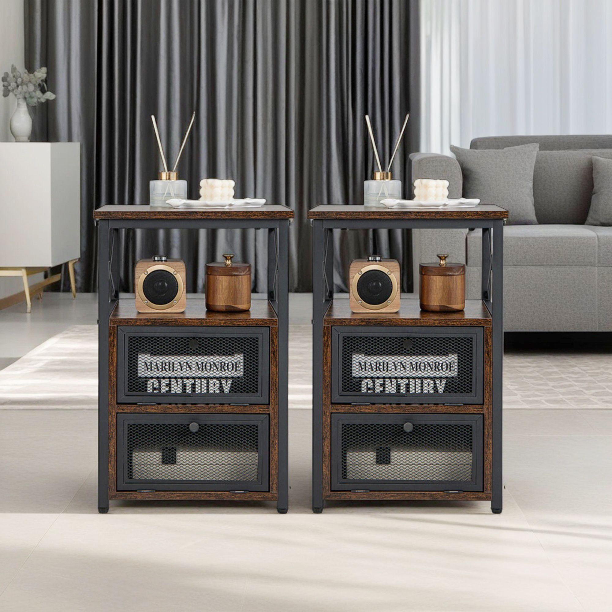 Demi Bonn 3-Piecedustrial Coffee Table Set, Rectangular Coffee Table with L-shaped Middle Shelf & 2 Modern Nightstands with 2 Flip Drawers and Open Shelf, for Living Room, Brown