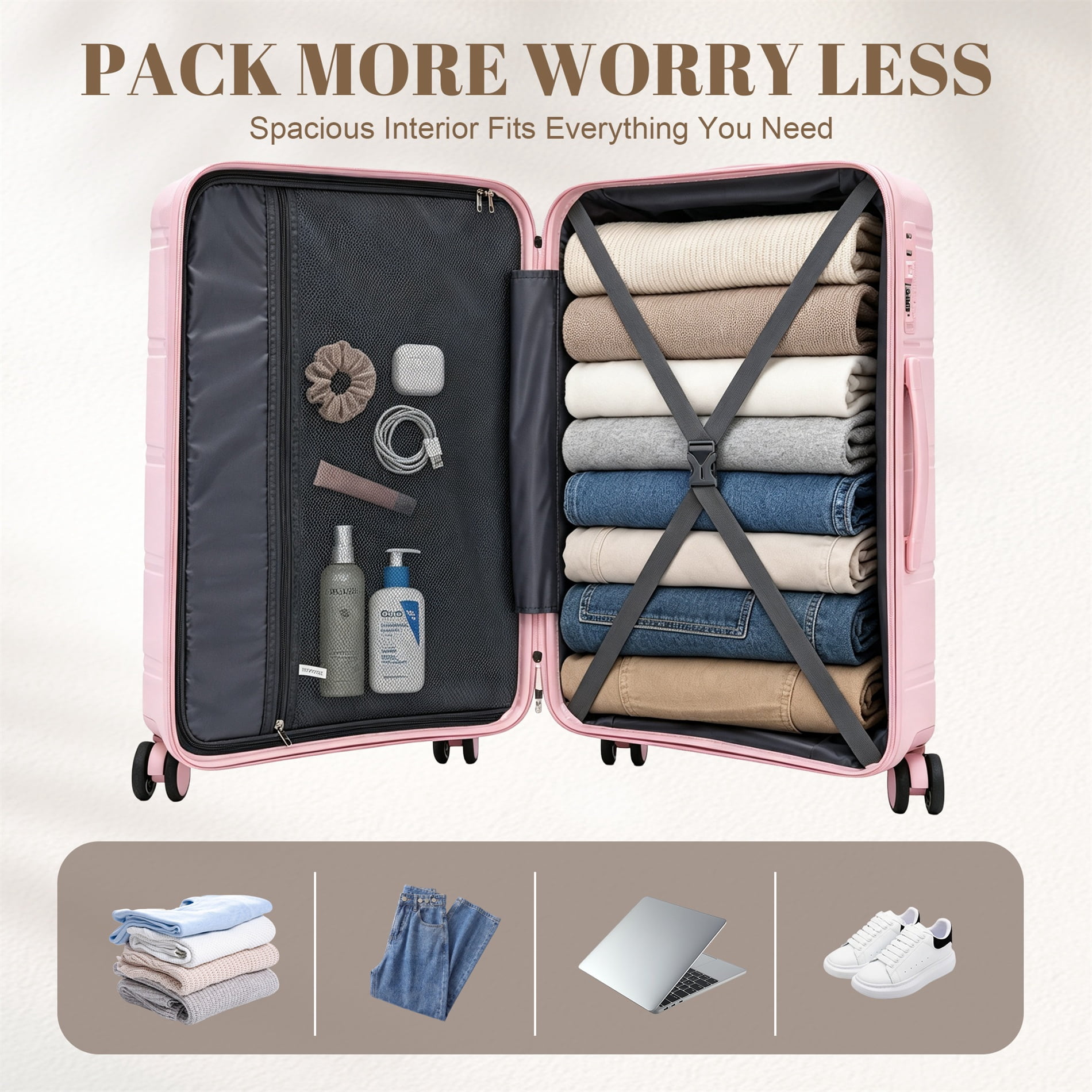 Alvantor 3 Piece Hardshell Luggage Set PP Hardside Suitcase with Iron Telescopic Handle Side Hook 20"24"28"(Pink)