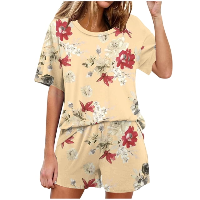 Conjunto de Pijama de las Mujeres de Moda Casual Color Sólido Manga Corta Cuello Redondo Top Y Pantalones