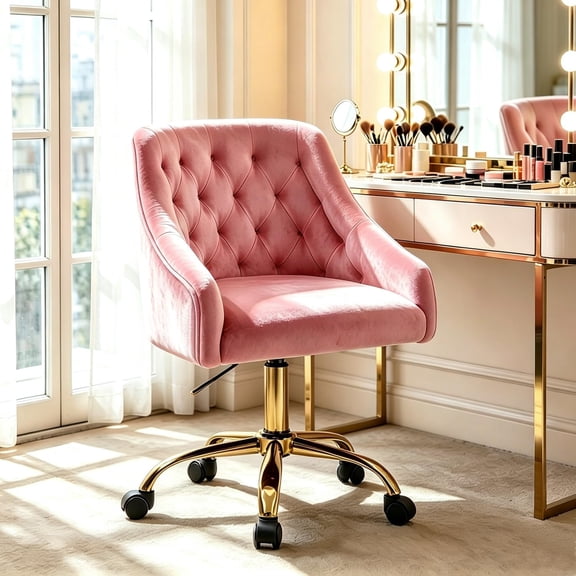 Velvet Home Office Desk Chair, Vanity Chair with Wheels, Gold Swivel Height Adjustable Office Chairs for Girls, Bedrooms, Living Room (Peach)