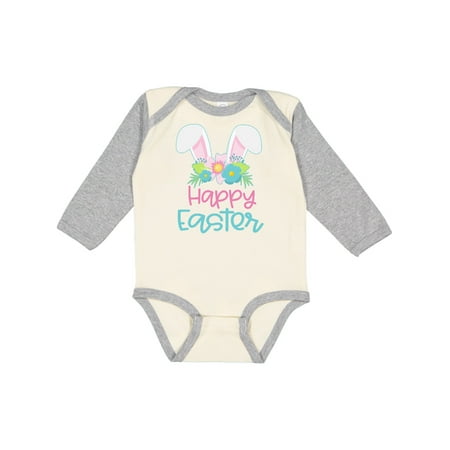 

Inktastic Happy Easter with Bunny Ears and Flowers Gift Baby Boy or Baby Girl Long Sleeve Bodysuit