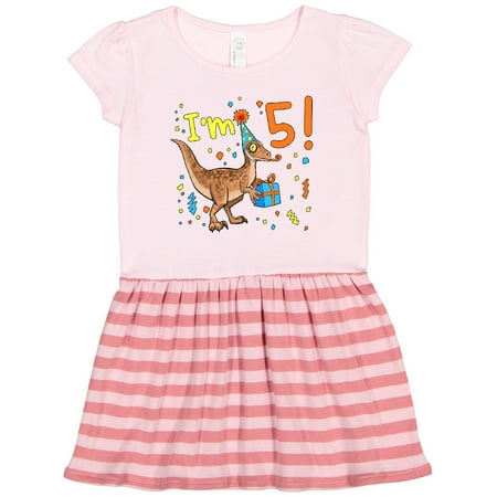 

Inktastic I m 5 Festive Birthday Dinosaur with Confetti and Present Gift Toddler Girl Dress