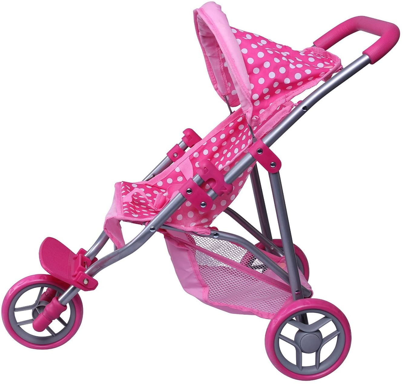 Pink Handles Silver Frame White Polka Dots Doll Stroller Precious Toys Pink 