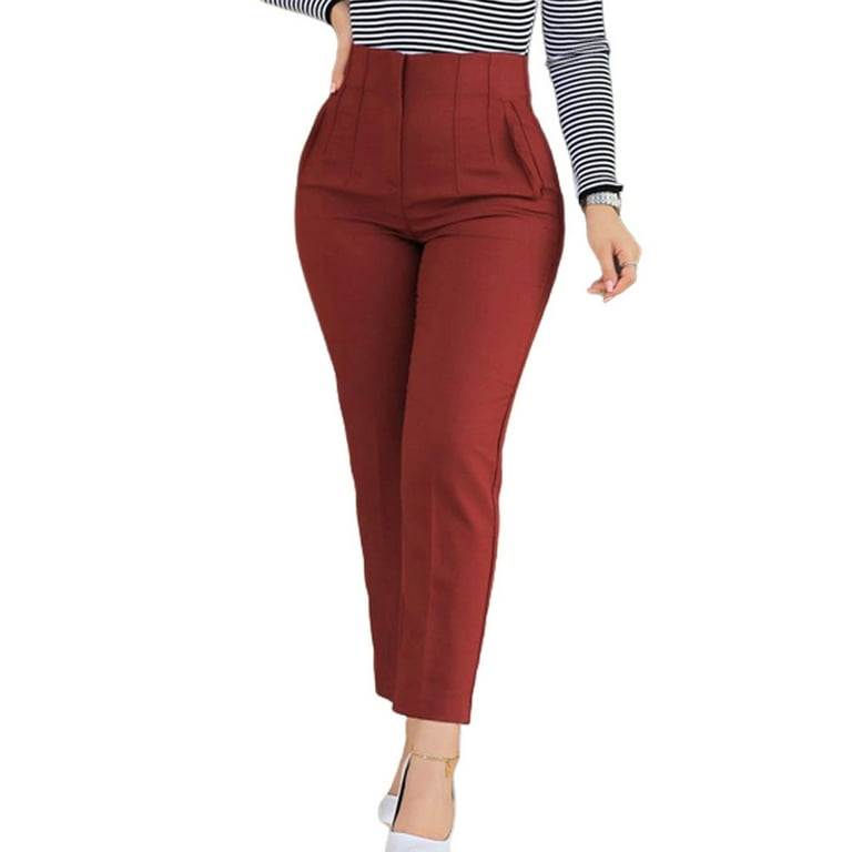 Capreze Dress Pants for Women High Waist Office Work Pant with Pockets  Casual Straight Leg Slacks Business Trousers Wine Red L 