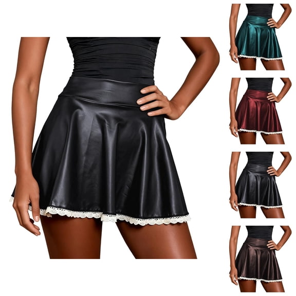Faux Leather Pleated Mini Skirt for Women High Waisted Lace Hem A Line Mini Skirt