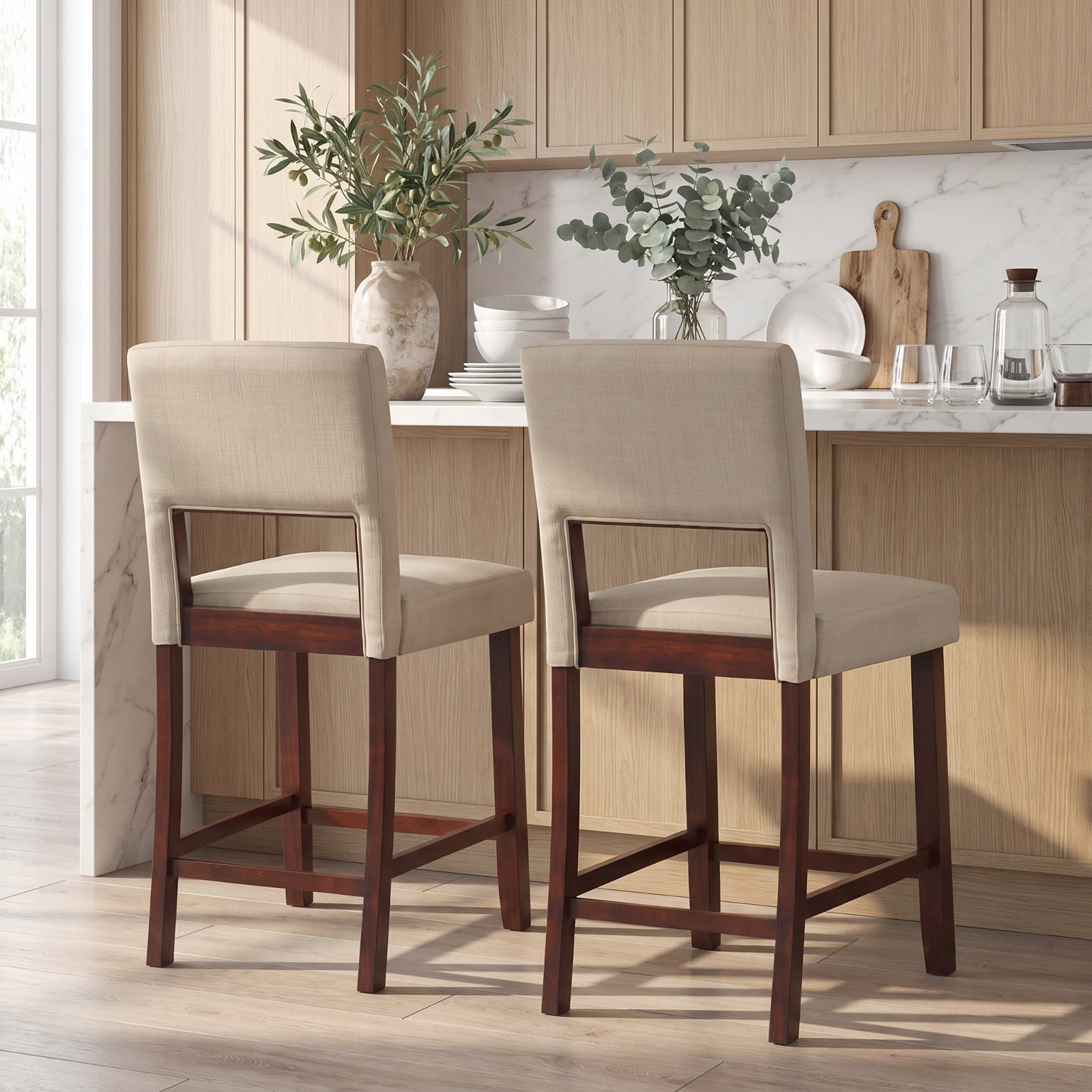 Furnibear Set of 2 Bar Chairs with Hollowed Back and Rubber Wood Legs in Beige
