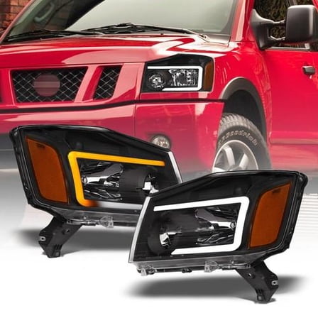 Switchback Sequential For 2004-2015 Nissan Titan Black Headlights w/LED Tube Bar