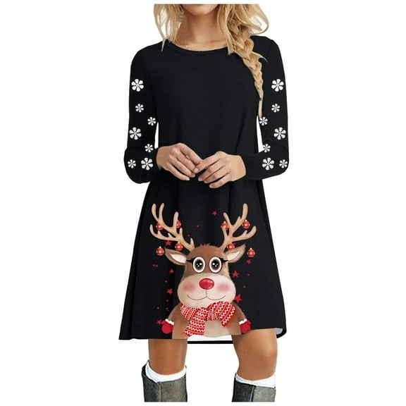 Womens Christmas Dress Christmas Party Dresses Christmas Womens Long Sleeve Crew Neck Deer Printed Soft Dress Fashion Party Swing Dress