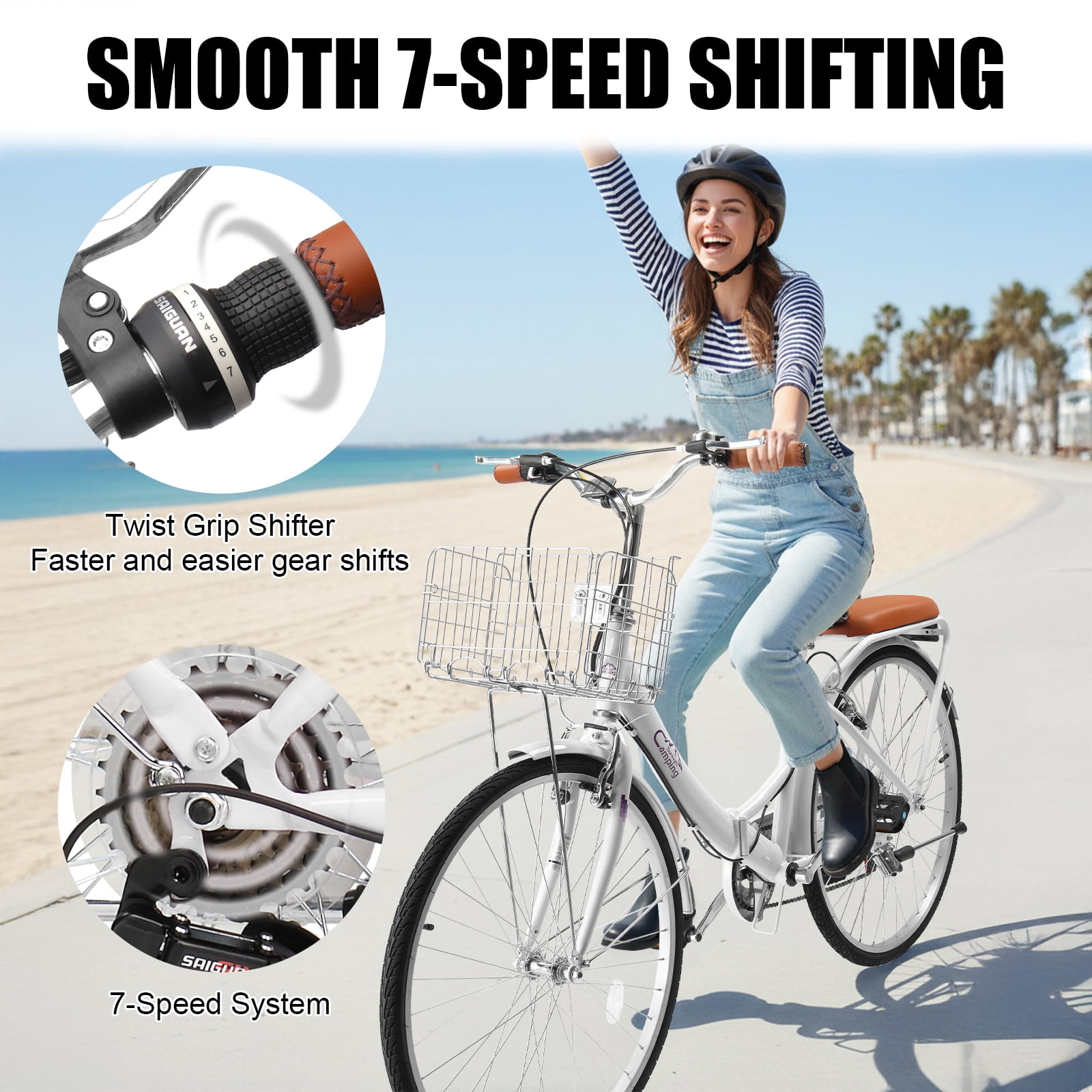 Ktaxon 26 Inch Folding Beach Cruiser Bike, 7 Speed Womens Bike with Foldable Basket, Lock & Rack, White