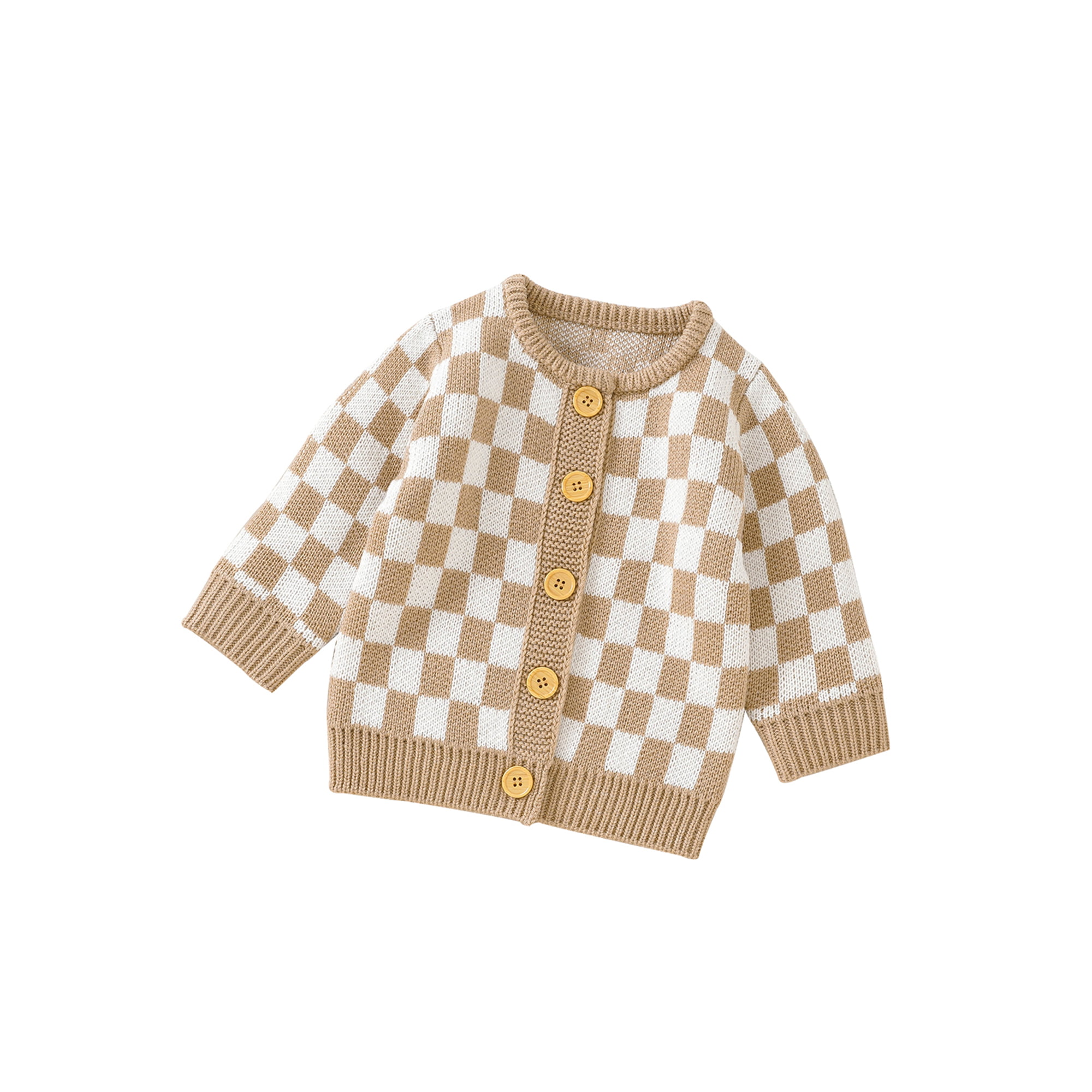Canrulo Newborn Baby Girl Boy Knit Cardigan Sweater Checkerboard Long  Sleeve Button Sweater Coat Warm Fall Winter Clothes Camel 6-9 Months 