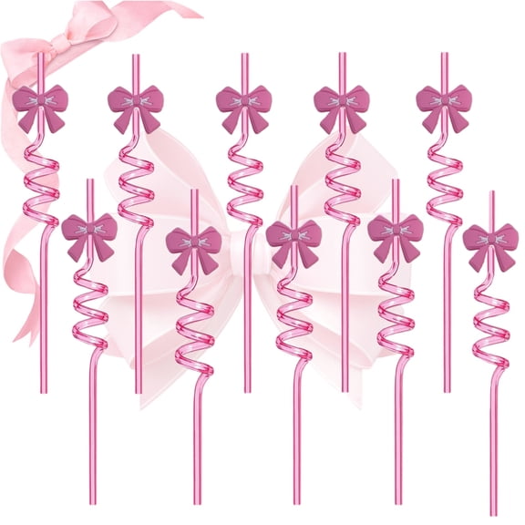 10inch Pink Bow Spiral Reusable Straws - Coquette Aesthetic Curly Drinking Straws for Party Favors & Decor