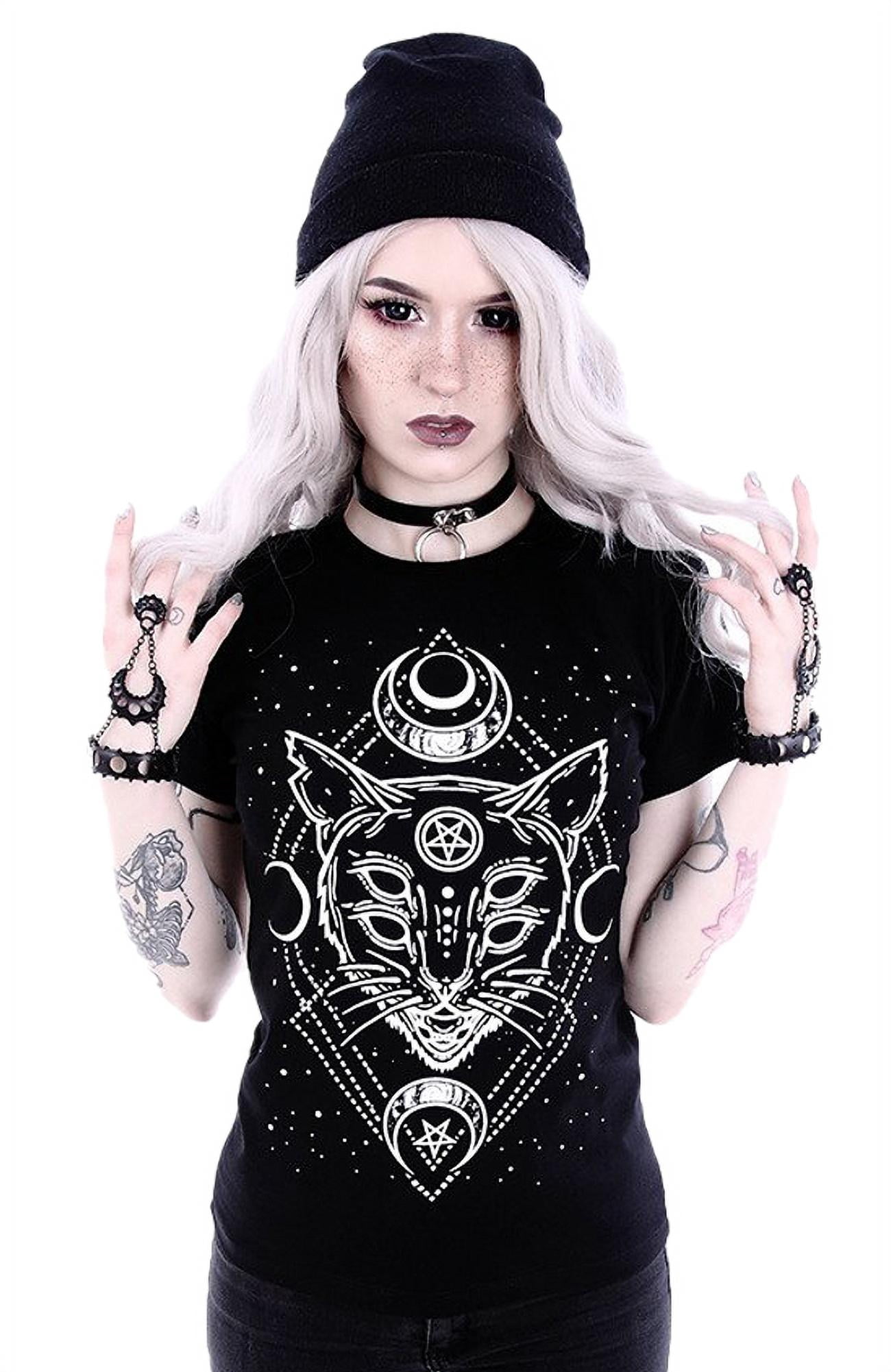 Restyle Gothic Cat Sabbath Cold Shoulder T-Shirt – Oversized Black Top With Occult Design, Made In Poland, 100% Cotton - View #3